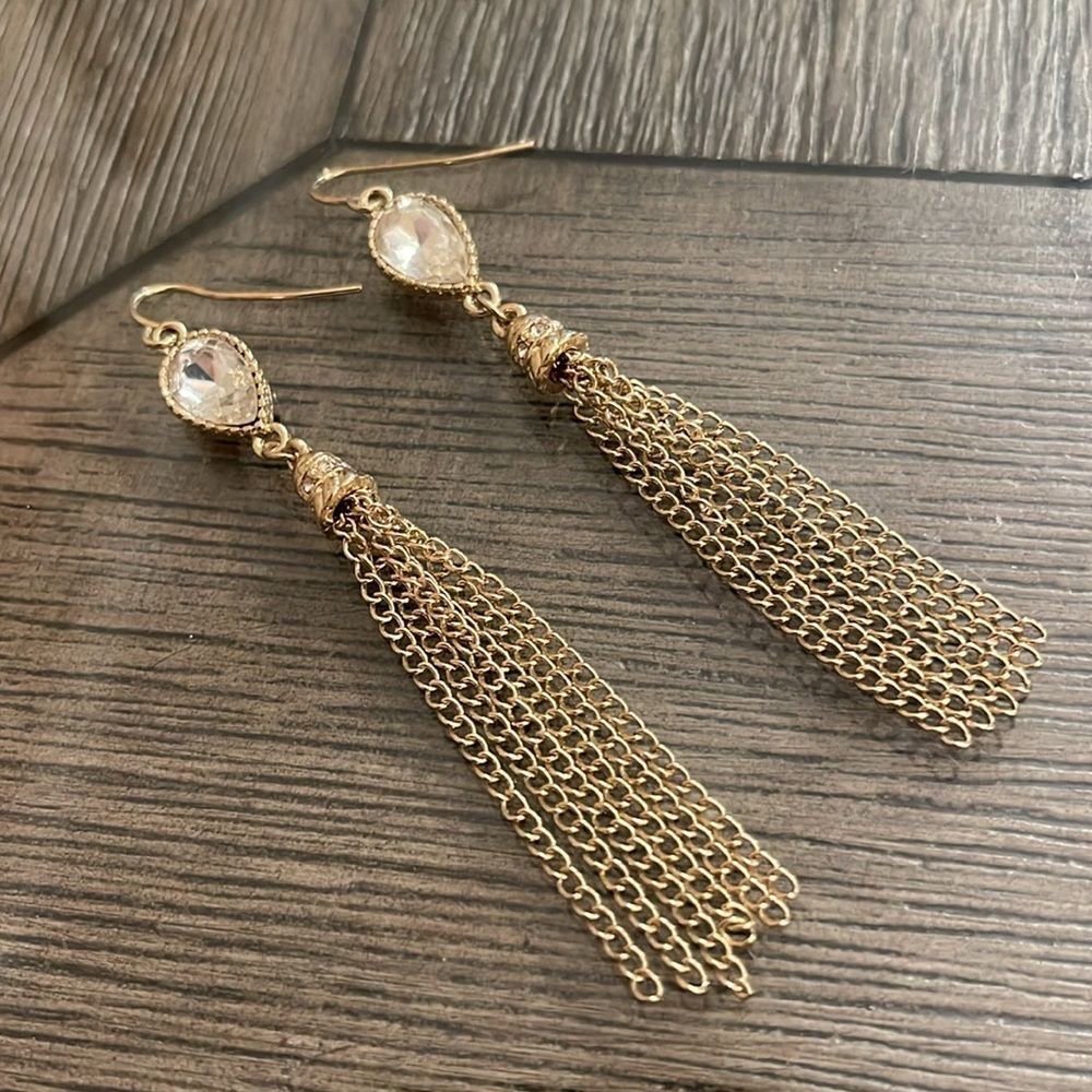 Boutique Style Long Dangle Chain Rhinestone Earrings, Gold-tone